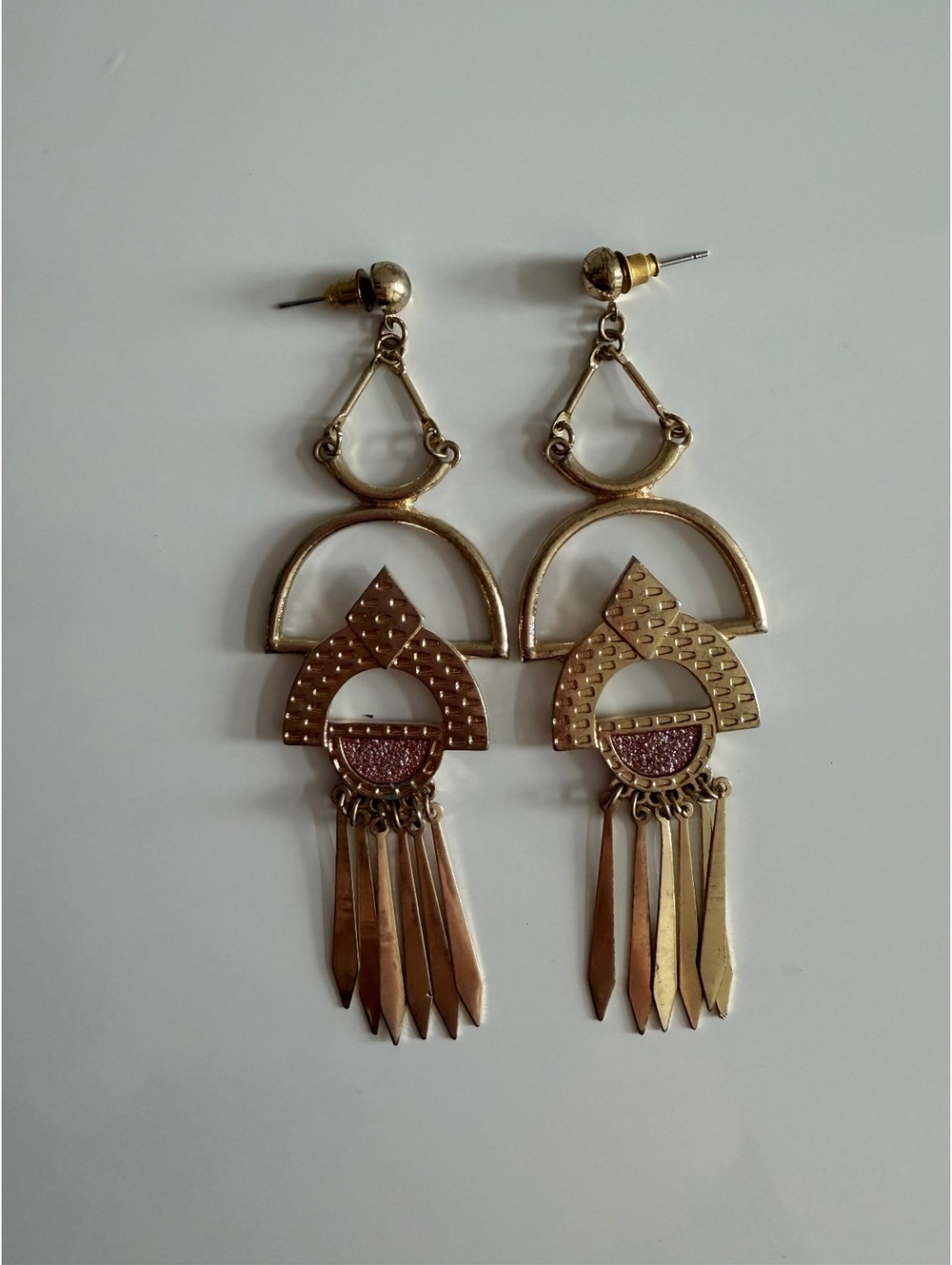 Vintage Gold Tone Geometric Dangle Earrings with Fringe